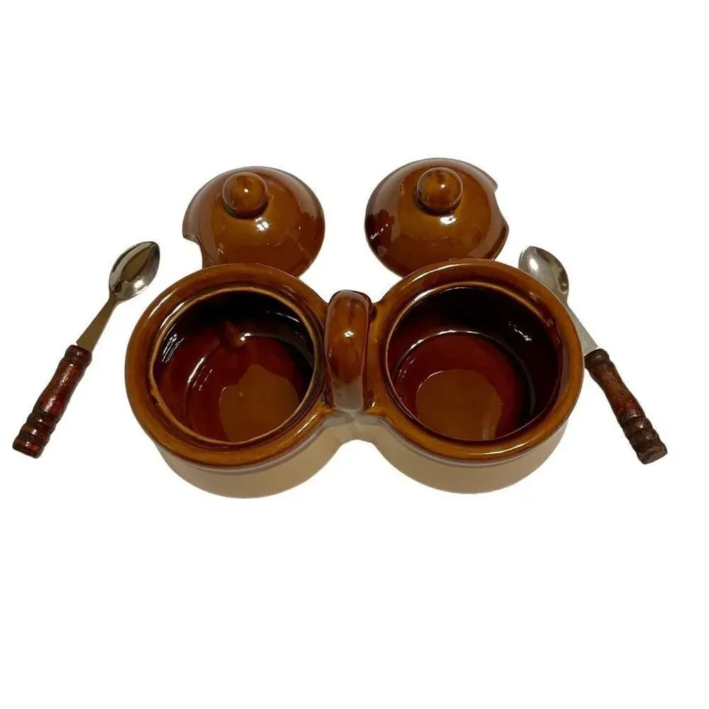Vintage Double Condiment Jars with Lids and Spoons